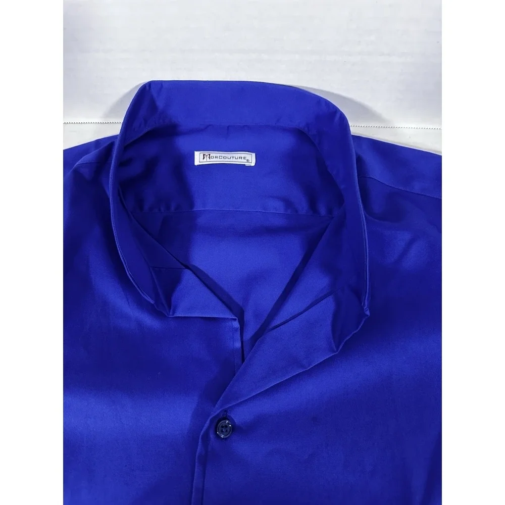 Morcouture Mens Royal Blue High Collar French Cuff Dress Shirt Hidden Placket